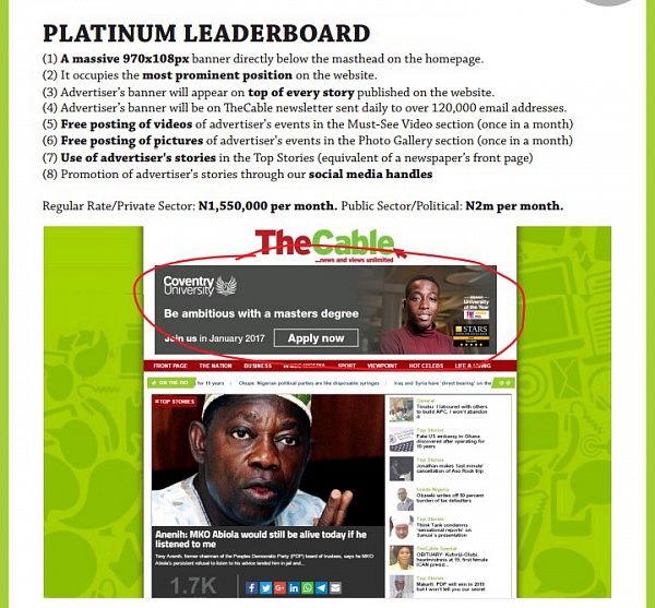 Advertising with TheCable Platinum Leaderboard (Public Sector/Political)