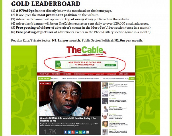 Advertising with TheCable Gold Leaderboard (Public Sector/Political)